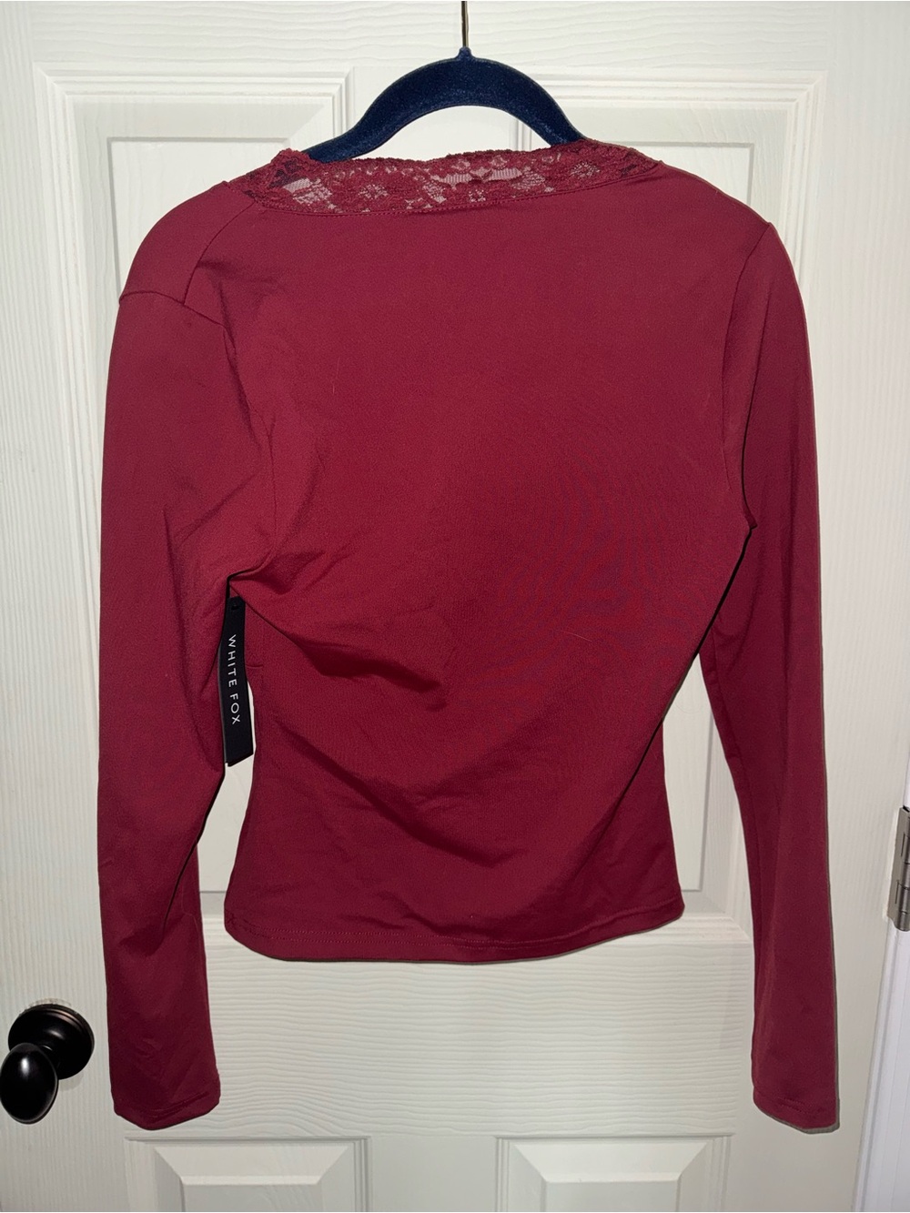 White Fox Boutique Lace-Trim V-Neck Long Sleeve Top - Wine - Picture 4 of 4